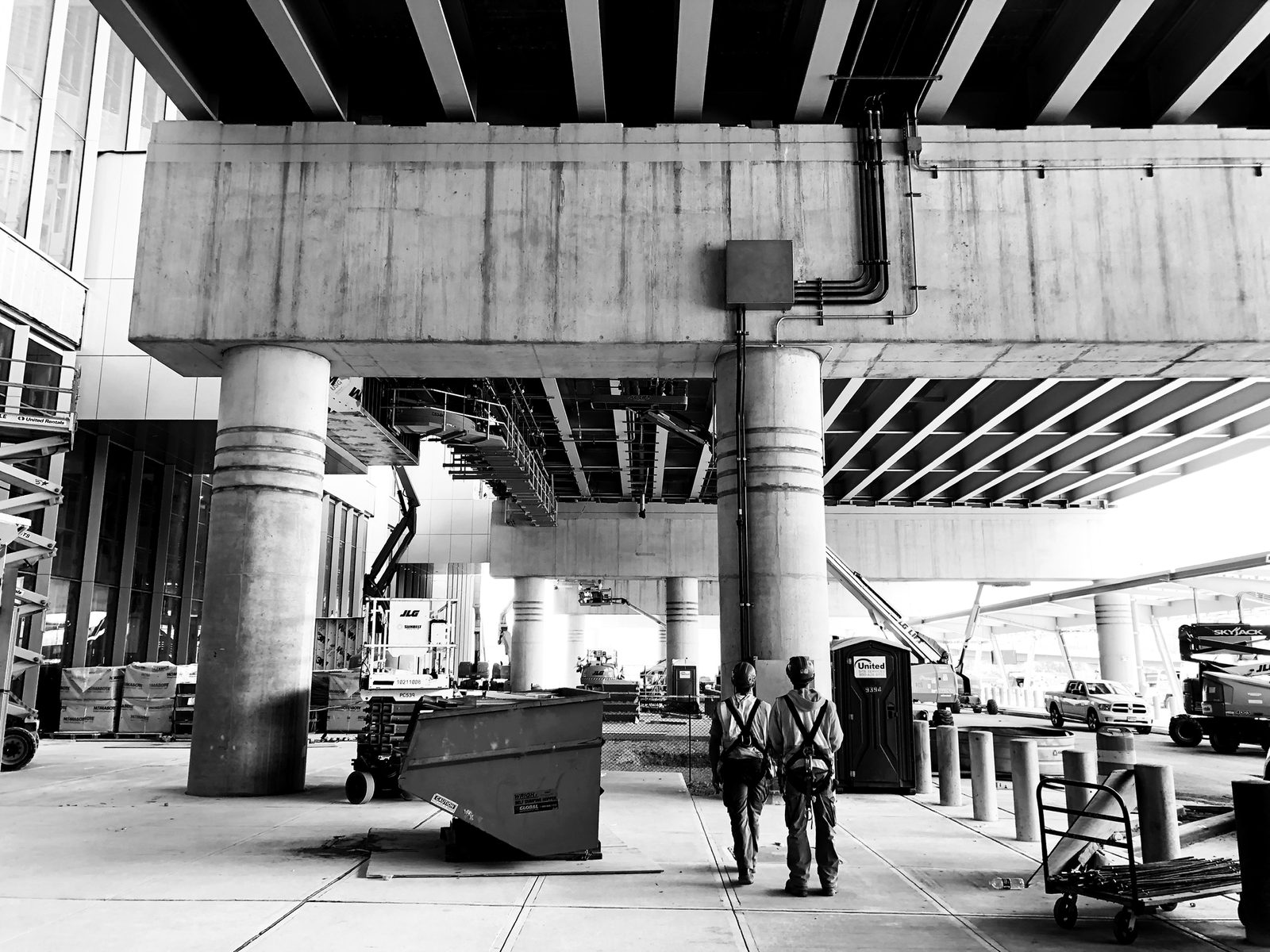Beneath an elevated transit structure during construction